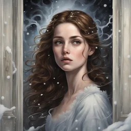 ne jeune femme aux cheveux bruns est dessinée, son visage dépeignant à la fois la curiosité et la crainte. Ses yeux sombres reflètent la lumière sinistre qui émane du manoir, tandis que des tourbillons de neige tourbillonnent autour d'elle, soulignant l'isolement et la désolation de l'environnement. À travers la porte entrouverte du manoir, une lumière mystérieuse se répand, invitant la jeune femme à entrer dans l'inconnu. L'atmosphère glaciale et oppressante est palpable, renforcée par les omb