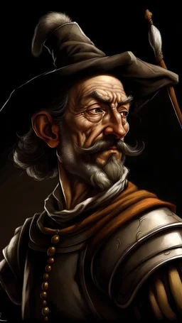 A realistic portrait of Don Quixote de la Mancha: The tragicomic hero of the novel. He is a poor hidalgo of nearly fifty who becomes obsessed with chivalry books and decides to revive knight-errantry in a world devoid of chivalric values. He is honest, dignified, proud, and idealistic, but also delusional, stubborn, and foolish. He has a thin face, a long nose, and a scraggly beard.