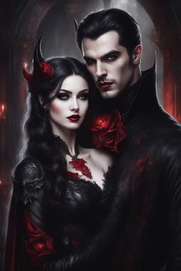 Photography Realistic Beautiful gothic woman and Devil Dracula prince