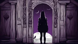 dark night, horror, possesed girl standing in front of ancient wooden door, door is closed and locked with padlock, moon light is coming from one side, mix moon light with purple and red lights