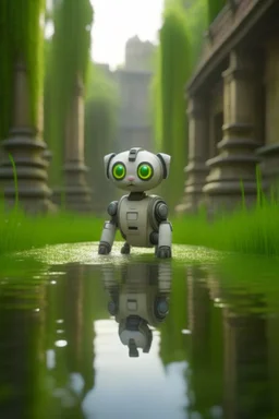 adorable cute chat priest robot with short punk hair and real human reflective eyes, fluffy by model bridge in pond in garden of st. Barbara cathedral, its such a perfect day, motion blur, smoke, 8k, downlight, soft light, depth of field, photorealism, trending on art station, lotsa detail