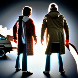 Marty and doctor brown from Back to the Future movie flying through time, ultra realistic, high detail, ray tracing, 8k,concept art, steam punk, future