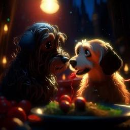 the lady and the tramp eating spaghetti, cinematic, epic glowing galaxy background, deep depth of field, 3D, constellation map, 16k resolution photorealistic, bokeh, a masterpiece by Alberto Seveso, breathtaking intricate details, realistic and lifelike cgi diorama, dramatic natural lighting, reflective catchlights, high quality CGI VFX fine art