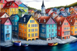 Colored pencil drawing, Very detailed, Drawing of the colorfull houses in the city Bergen in Norway. Colorfull, professional, detailed, pencil strokes, calm composition, zoom out, very detailed and realistic