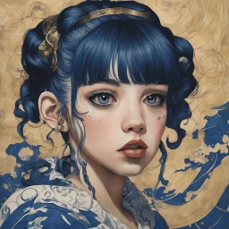 A portrait of a Singer Melanie Martinez face, cyberpunk, painting by Katsushika Hokusai, darkblue and gold tones,