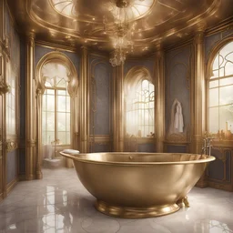 young girl bathes in a brass bathtub, art nouveau, spacious bathroom, photorealistic, RAW