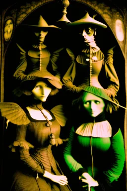 Daguerrotype close up some mysterious figures, odd background, cinematic, Hieronymus Bosch Max Ernst ambient light, by Minicavio Quollati and Marlost Endgulp, Amano, Botticelli, Alphonse Mucha