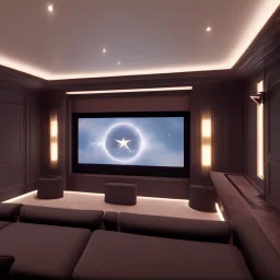 Generate an image of a sleek home cinema with a star-lined ceiling