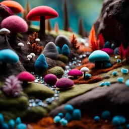 Close-up photograph of a landscape made of felt, animals, fungi, crystals, mineral concretions, extreme detail, intricate, colours, Tim Burton, rich moody colors, sparkles, bokeh, 33mm photography