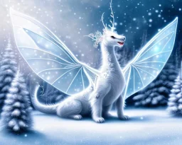 mdjrny-v4 style, a white dragon with fairy-like transparent glowing and sparkly wings standing in snow, full body, silver and teal background, glowing soft and smooth wings, realistic, highly detailed intricately detailed, shiny snowy background, soft studio lighting, trending on artstation, by artist "Julie Bell", by artist "Greg Rutkowski"