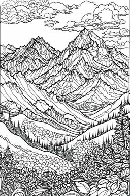 A mountain plateau with sweeping landscapes, untouched nature, and a feeling of freedom, intricate coloring page for adults, contour, vector, clean line art, white background, detailed, black and white, in the style of kalamkari design