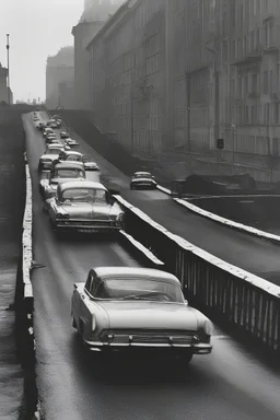 Old cars driving down a bridge with a city behind them, in the style of eero saarinen, the helsinki school, eve arnold, wimmelbilder, industrial urban scenes, modernist street scenes, dmitry vishnevsky Black and white photo of cars traveling down a road, in the style of soviet avant-garde, industrial urban scenes, fujifilm eterna 400t type 8673, the helsinki school, light amber and sky-blue, die brücke, midcentury modern --ar