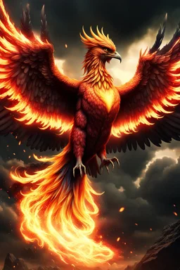 Create a ultra high definition and photorealistic image, 12k quality of a beautiful phoenix, majestic and strength showing, emphasis on texturized claws, upclose with a front view flying towards the camera, centre of an explosive and chaotic background scene of Armageddon where he is followed by demon like dark clouds in persuit trying to grab him, phoenix has striking eyes and determined look, majestic wings folded inwards in flight, bright auburn, black, white, grey and yellow colours, gothic