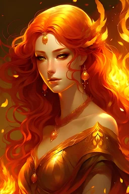 An image of vesta, goddess of fire, fiery red hair, golden fire dress, crimson eyes, anime realism girl