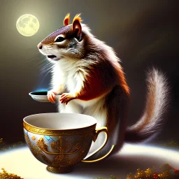 laughing squirrel king sleeping, dreaming of the moon, drinking warm tea surfing waves on a teacup,misty fantasy art, book cover