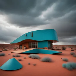 house designed by alexander calder, navajo patterns, textured turquoise,route 66 desert, corten steel , realistic, african textures, stormy sky