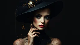 surreal fantasy magic fashion portrait, abstract art, surreal fantasy mixed media, raised amazingly beautiful fantasy fashion extravagant elegance lady portrait, film noir mood, cinematographic, dramatic, deep rich black colors, magic lighting, minimalism, few gold accents, vintage retro France mood,