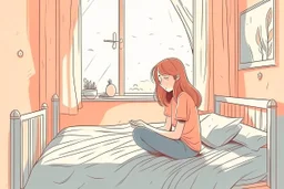 Ilustrasi Seorang gadis duduk di atas tempat tidur kamarnya di sore hari dengan napas terengah engah