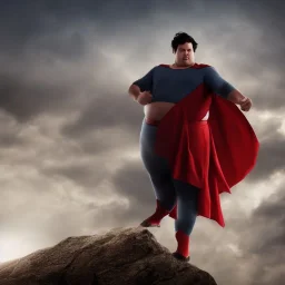 Fat Superman stands on a mountain, realistic, midjourney, dramatic light, close up, smoky background, cinematic