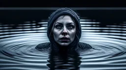 A woman with an evil face, a face of horror, drowned by her husband in the water, winter, frozen lake, darkness.