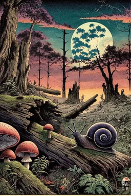 twilight scene in manga style illustration Modifiers: Albrecht Dürer junji ito Epic woodblock print rule of thirds Odilon Redon Otherworldly alcohol ink Tsutomu Nihei Mushrooms vivid color stippling void Hatching snail sharp contrast sharp edge Art by Leah Analog Horror the styles of ancient masters like Utagawa Hiroshige, Katsushika Hokusai and Togaku Old growth forest scene decaying log, moss, ferns, spiderwebs, beetles and caterpillars