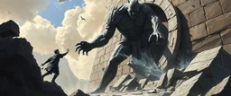epic fantasy illustration, black giant throwing pushing marble stone sculpture into wall