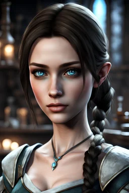 A young female imperial barmaid from Skyrim with light blue eyes, brunette, melancholic, wholesome, sad