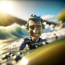 selfie of smiling surfer bot surfing the california waves, photo-realistic, shot on Hasselblad h6d-400c, zeiss prime lens, bokeh like f/0.8, tilt-shift lens 8k, high detail, smooth render, down-light, unreal engine, downlight