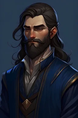 young half-elf man, pointy ears, fat, tan skin, well-dressed in black and dark blue clerical clothing, long hair, scruffy beard, brown hair