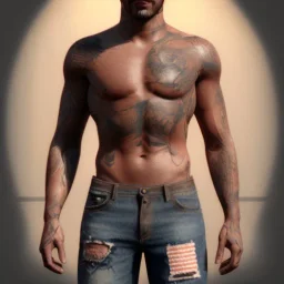 A waist to head shirtless muscular man with gang tattoos all over him and lots of chest hair, and ripped jeans. He has sunglasses, a towel around his shoulders, and a blonde moustache