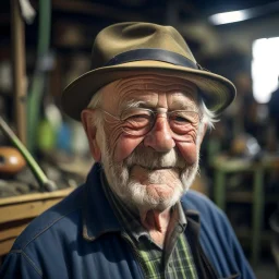 Un retrato de un anciano con un sombrero de pesca y lentes oscuros en un taller mecánico