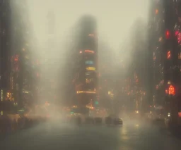 misty foggy area with a spirit in the middle of a bright japanese city at night