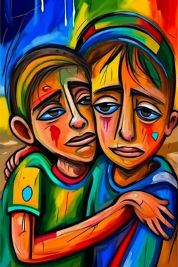 a girl hug her brother and both crying sadly, expressionism, Pixar style, in abstract art Basquiat, Picasso, Miro, Kandinsky, Klee, Birell, Fairey, Ardon, Buffet aand Picasso style, HD --s 750 --v 5.1 --style raw, water color