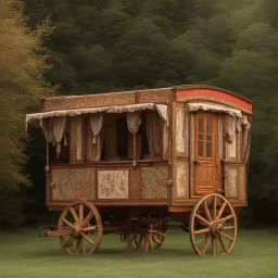 Old fashioned gypsy wagon decorated, curtains fluttering in the wind,