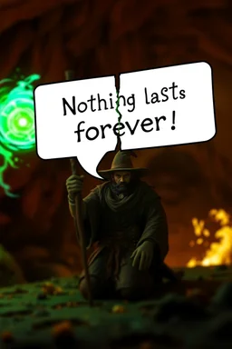 broken speech bubble in front with weird font saying "Nothing lasts forever." fast glowing ball closeup dragon in background, magic swirl, strong winds, true grit, reggae native stand off fast draw poncho cowboy wizard on knees hurt punching green and blue fire ball whip while taking sight wand slinger, in flame lit cave ,bokeh like f/0.8, tilt-shift lens 8k, high detail, smooth render, down-light, unreal engine