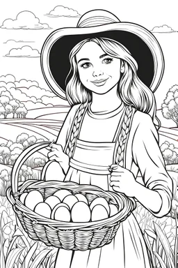 B/W outline art,coloring book page, full white, super detailed illustration for adult,cartoon style "Beautiful Country Girl: Little Girl in a Rural Hat Carrying a Basket of Eggs" coloring pages, crisp line, line art, high resolution,cartoon style, smooth, law details, no shading, no fill, white background, clean line art,law background details, Sketch style, strong and clean outline, strong and black outline