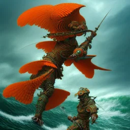 an ibis warrior in orange and green full battle armor, a highly detailed illustration, background of crashing ocean waves, realistic render, 8 k, micro detail, intricate, elegant, centered, digital painting, Artstation, smooth, sharp focus, illustration, artgerm, tomasz alen kopera, peter mohrbacher, donato giancola, joseph christian leyendecker, wlop, boris vallejo