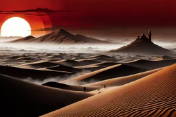 dramatic lighting, rough, high contrast, colors in the background are less saturated, black and white brown lite brown dark red light orange dark grey steel gold dark brown dark red silver, brown , dune city on big rock in desert, red spotlight, dust, fog, late afternoon, bene gesserit on the planet, dune in the style of Chris Foss, sand, footsteps, rocks, storm, fog, a figure siluette , detalied, sharp focus, hyperrealistic, masterpiece