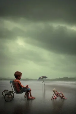 young boy beside dead man on beach, dark storm clouds overhead, gloomy, bleak, shopping trolley on side, dusk. the road cormac mccarthy