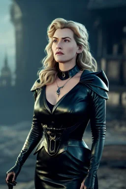 Kate Winslet as evil queen in black leather gown, cleavage, angry, stern look, unreal 5, octane render,cinema4d, dynamic lighting, dramatic lighting, 4k, redshift render, highly detailed, hyper realistic