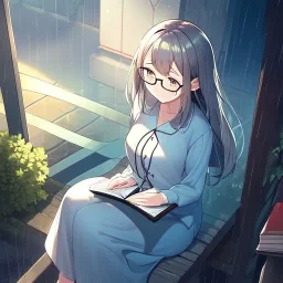 anime girl sitting on a porch swing of an old house, journaling, wearing pajamas, writing in a book, shes watching it rain, more detail on hands and her face,shes deep in her thoughts, wearing glasses, rain drops, she has a pencil in her hand and is writning in the book, she is looking down at what she is writing. eyes looking at the book