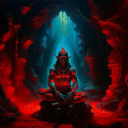 An oil painting of Hindu god YAMA in a cave, neon red colors, high detail, dark vibe