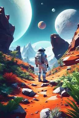 (((close midshot))), (((low poly art:2))), (astronaut), ultra-detailed illustration of an environment on a dangerous:1.2 exotic planet with plants and wild (animals:1.5), (vast open world), astroneer inspired, highest quality, no lines, no outlines candid photography. by Lekrot