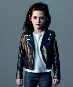 Kristen stewart toddler, full body, leather jacket, dramatic lighting, hyper realistic