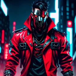 Half-demon male cyberpunk assassin wearing a metal mask, red jacket
