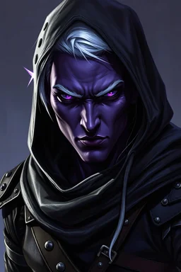 male Drow rogue from dungeons and dragons, his skin is of a very dark purple almost black, white short hair, undercut, piercing violet eyes, wearing leather clothing that also looks studded, realistic, digital art, high resolution, strong lighting, wearing a hood