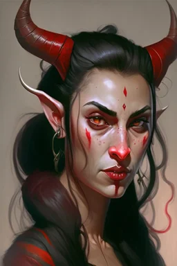 Portrait of a young and beautiful female Tiefling bard with red skin, two horns emerging from her forehead and long black hair with sidebangs and a ponytail.