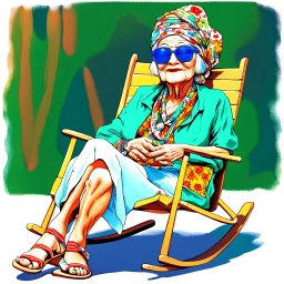 Whimsical drawing of a 70-year-old old lady dressed like a hippie from the 1960s, with a colorful headscarf covering her white headscarf, Yoko Ono-style sunglasses, a shirt with the symbol of the peace movement, floral long sleeves, sandals with red, green, blue striped socks Vesgol is relaxing in a rocking chair outside, holding a beer mug in one hand and a whiskey bottle in the other, next to her is a small table with a pile of empty beer bottles, Y. The peaceful setting includes a stunning vi