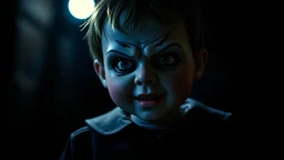 A terrifying doll, a life-sized boy, dressed in black, with a terrifying appearance, In the dark night, photo real, 8k, cinematic, this poster incorporates rich cinematic color grading reminiscent of Kodak Porta 400 and Cinestill 800 films, shot through a Leica M10 lens, with a cinematic image of high contrast.