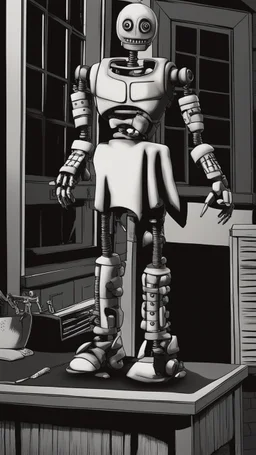 Generate a spine-chilling Halloween horror scene featuring a robot chicken as if it's a character from a terrifying movie, with eerie lighting and a haunting atmosphere."
